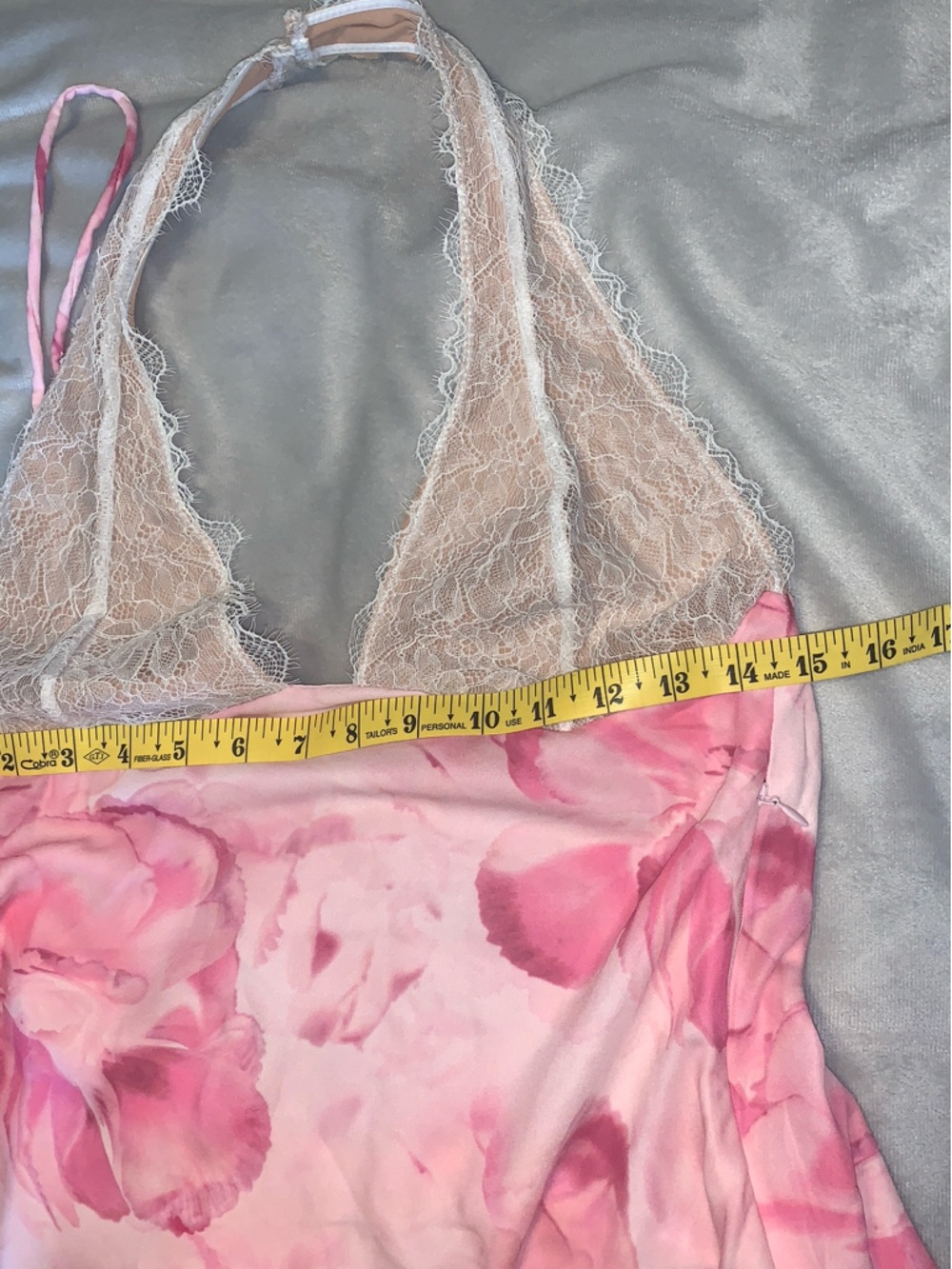 White Fox pink meadow Pink Floral babydoll halter mini dress white Lace bust M - Picture 5 of 6